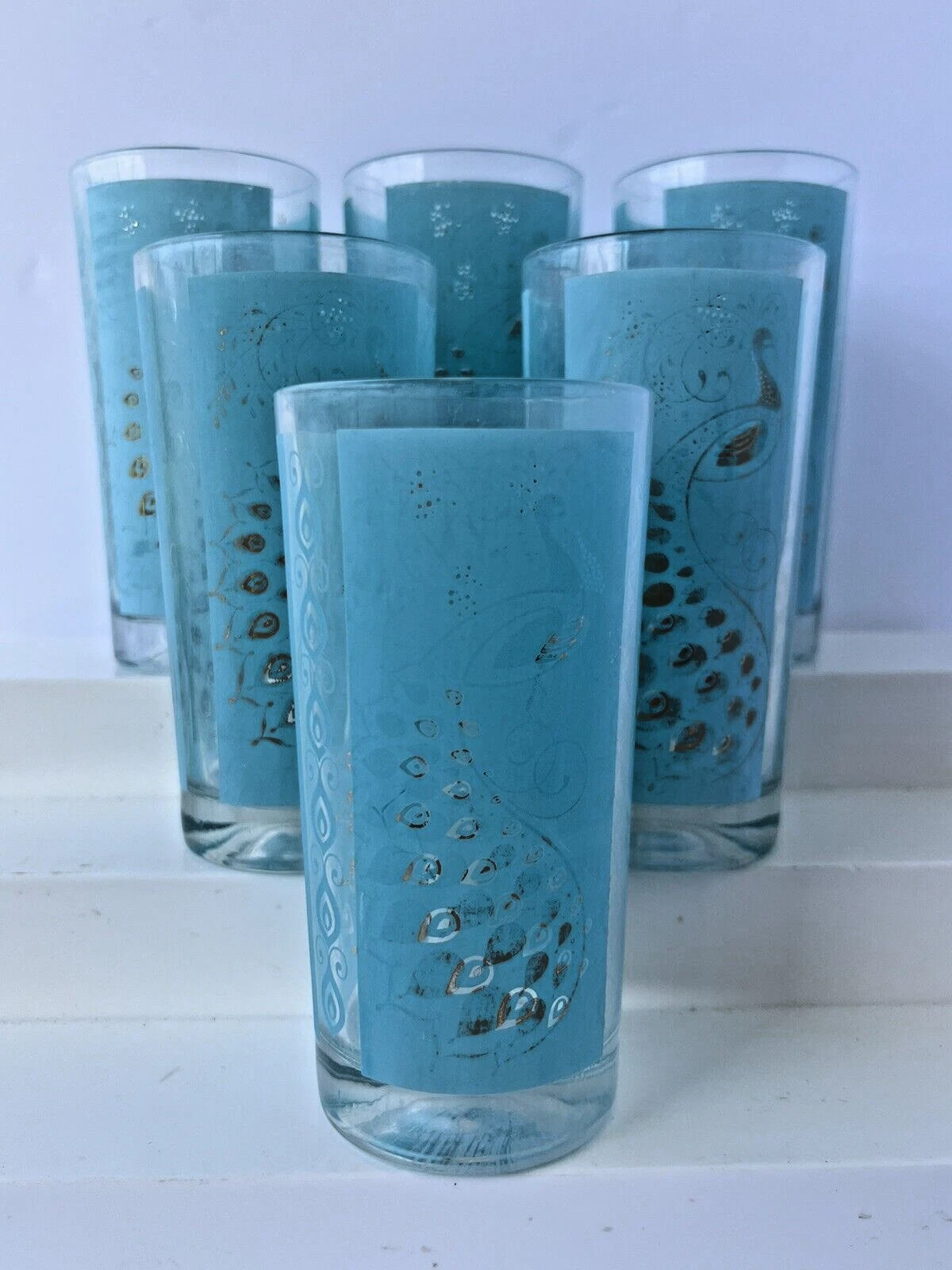 Set of 6 Vintage Turquoise Tumbler Gold Peacock Design Unmarked 10oz Glasses