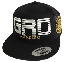 {GRO} GUERRERO MEXICO LOGO FEDORA A LADO DORADO NUEVO {EMB} 2 LOGO SOMBRERO MALLA NEGRA