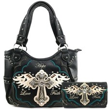 Western Angel Wing Cross Faith Hope Concealed Carry Purse Hand Bag Wallet Set