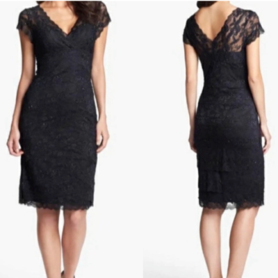 marina stretch lace dress Marina Women's Silver Floral Lined Stretch Cap-Sleeve Lace Dress Size 6