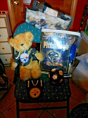 Pittsburgh Steelers gift lot blanket, teddy bear, ball, bottle