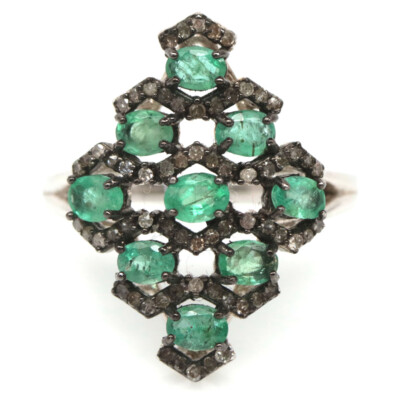 925 Sterlingsilber 3 x 4 mm Grüner Smaragd- Und Diamantring Größe 9