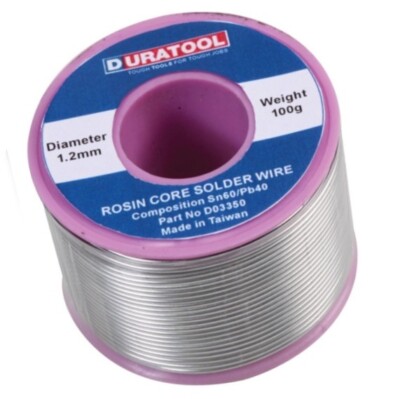 60/40 LÖTDRAHT 1,2 MM 100 g HARZ FLUSSMITTEL niedriger Schmelzpunkt 190 °C DURATOOL UK