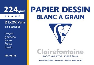 Clairefontaine Zeichenpapier ''Blanc à Grain'' 210 x 297 mm weiß 224 g/qm 12 Blatt