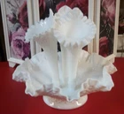 Vintage White Hobnail Milk Glass Three Horn Bud Vase Mid Century Modern
