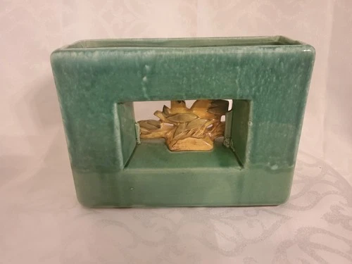Vintage McCoy Green Pottery Arcature Yellow Bird Rectangular Vase Made In USA Z*