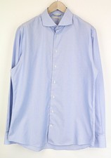 Suitsupply Men's Shirt 44/17.5 Extra Slim Blue Cotton Striped Long Sleeve