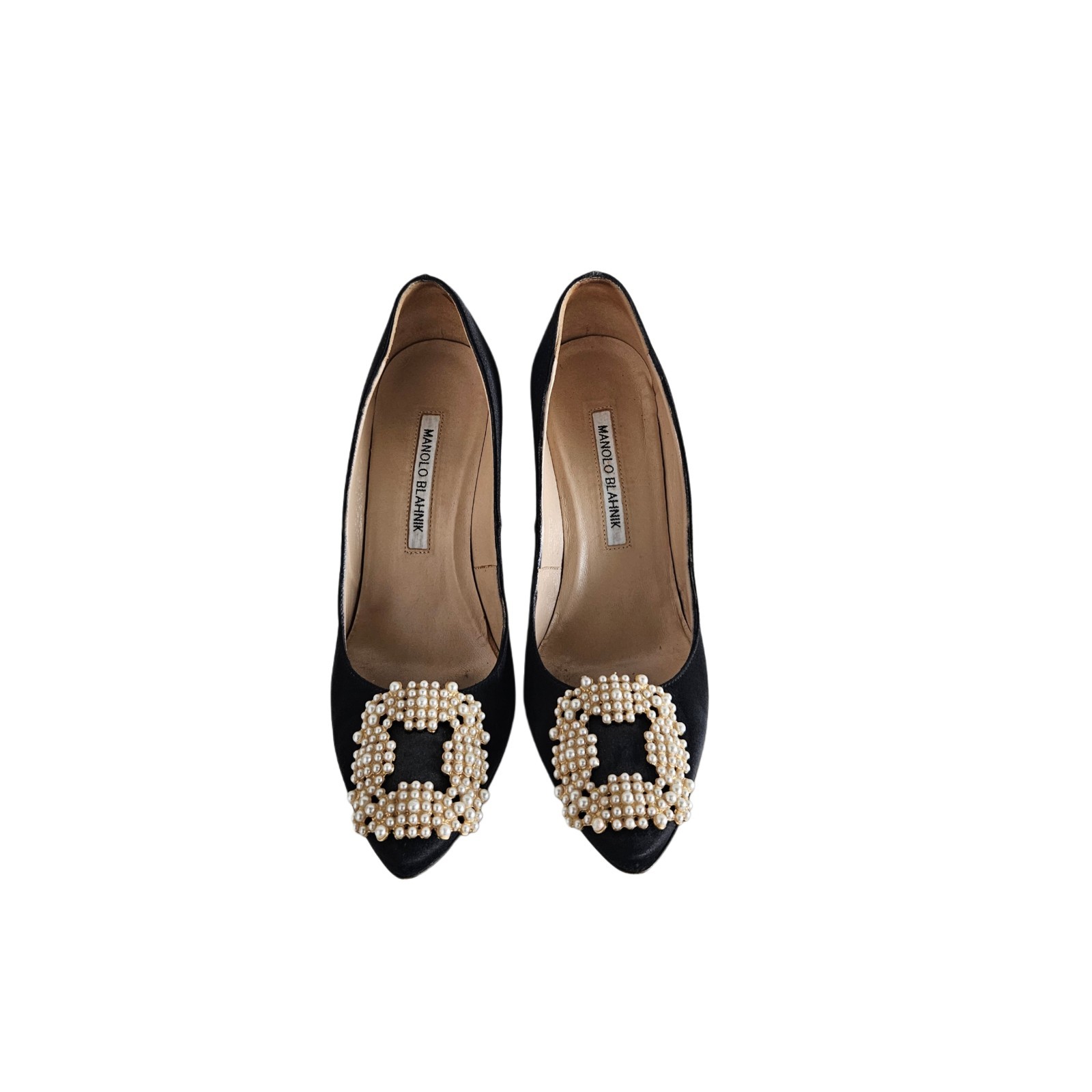 Manolo Blahnik Black Satin With Pearl Detail Hangisi Woman Pumps, Size 36.5