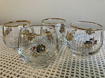 VTG Set of 4 Libbey Provincial Gold Roses Roly Poly Glasses 2.5'' Tall Gold Rim