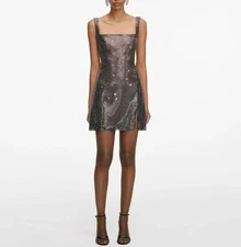 Women Self-Portrait Square Neck Rhinestone A-line Slip Mini Dress