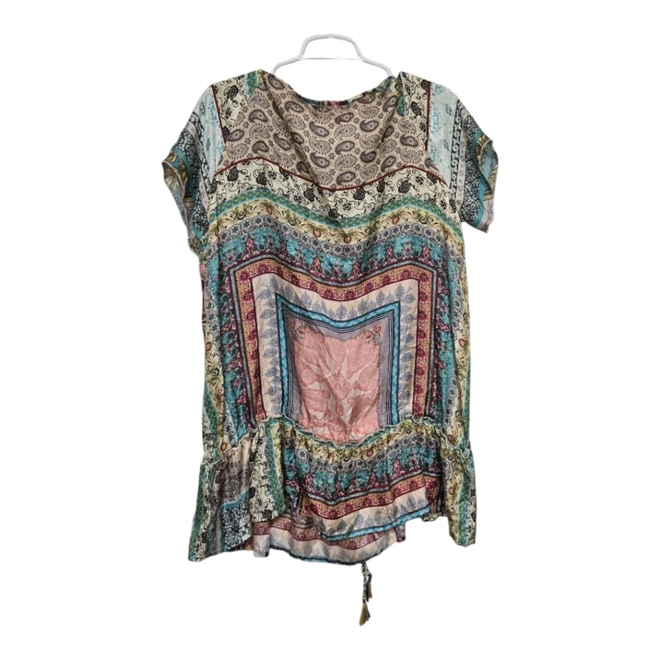 Vestido túnica Johnny Was de seda con corbata frontal en capas para mujer S multicolor boho Foto 2 de 4