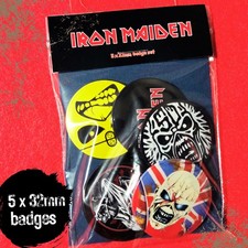 Image of IRON MAIDEN Set of 5 metal pin badges 32mm Featuring 50th Annivrrsary Badge NEW
