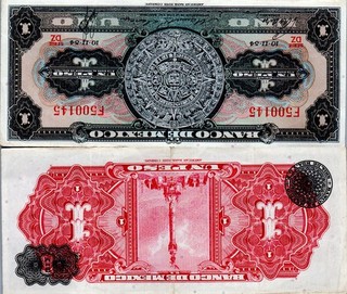 Mexico 1 Peso 1954 Banknote Aztec Calendar Stone Paper Money Bill Grade VF A24/1