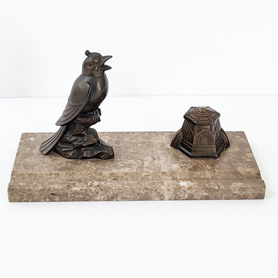 Art Deco Marble & Regule Inkwell 1920 1930 Vintage Bird Lapwing 20S 30S