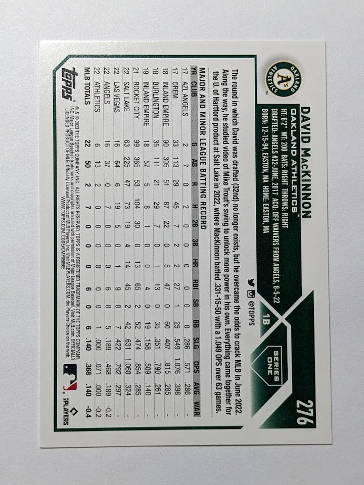2023 Topps Series One #276 David MacKinnon RC A's - Image 2 of 2