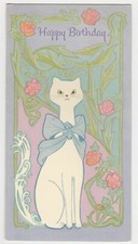 Vintage Birthday Card White Cat Purple Pink 1960's American Greetings