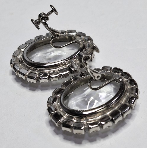 Vintage HUGE Austrian Crystal Hinged Clip Earrings Oval Wedding Clear Open Back - Picture 5 of 14