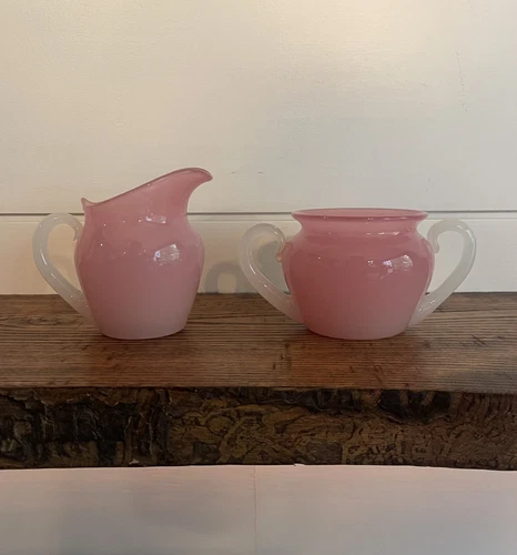 Steuben-Carder Era Creamer & Sugar Bowl in Rosaline & Alabaster-Shape 5224