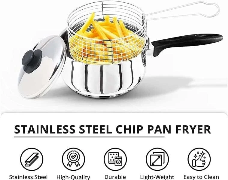 Vinod Stainless Steel Large Chip Fryer Deep Fryer Basket With Lid Size 20 cm