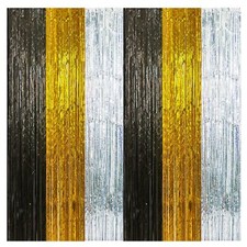 2 Pack Construction Foil Fringe Curtains 3.3x6.6 Ft Black Gold and Silver Tin...