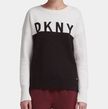 89 DKNY Women's White Black Colorblocked Crew-Neck Graphic Sweater Top Size L