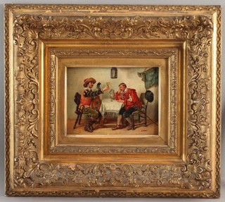 19thC Antique EDWARD MERK German Cavalier Men Drinking Mandolin Genre Painting