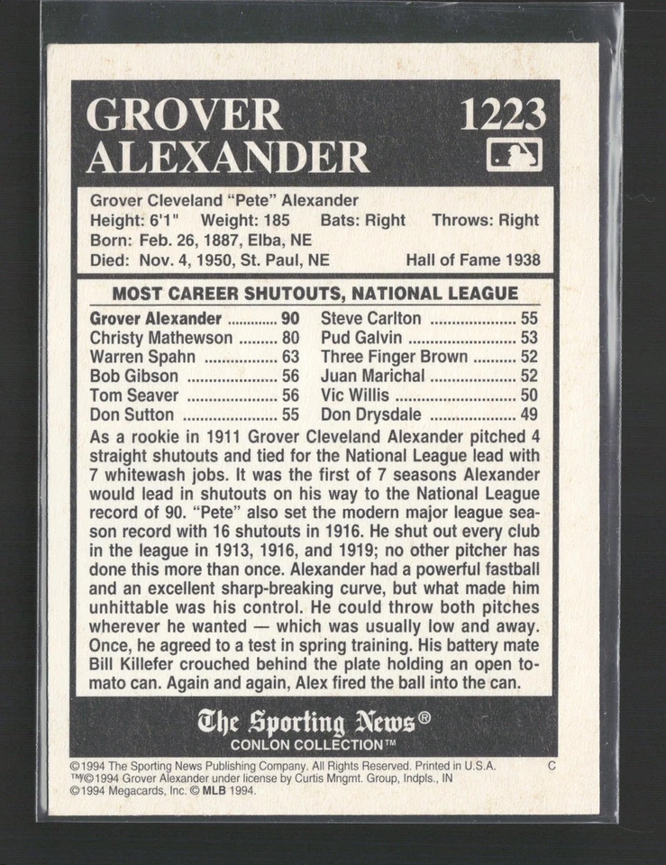 1994 Conlon Collection TSN Grover Alexander #1223 Philadelphia Phillies Lis - Image 2 of 2