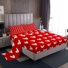 Red White Bed Sheets Full Size Cute Heart Pattern Bedding Set for Kids Boys Girl