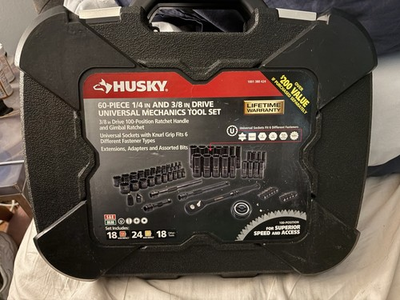 #ad #ad 60 Piece Husky Mechanics Tool Set with 100 Position Rachet1 4” And 3 8” Drive $80.00