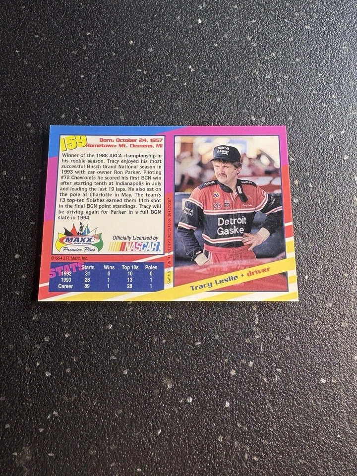 1994 Maxx Premier Plus - Tracy Leslie #159 Nascar - Image 2 of 2