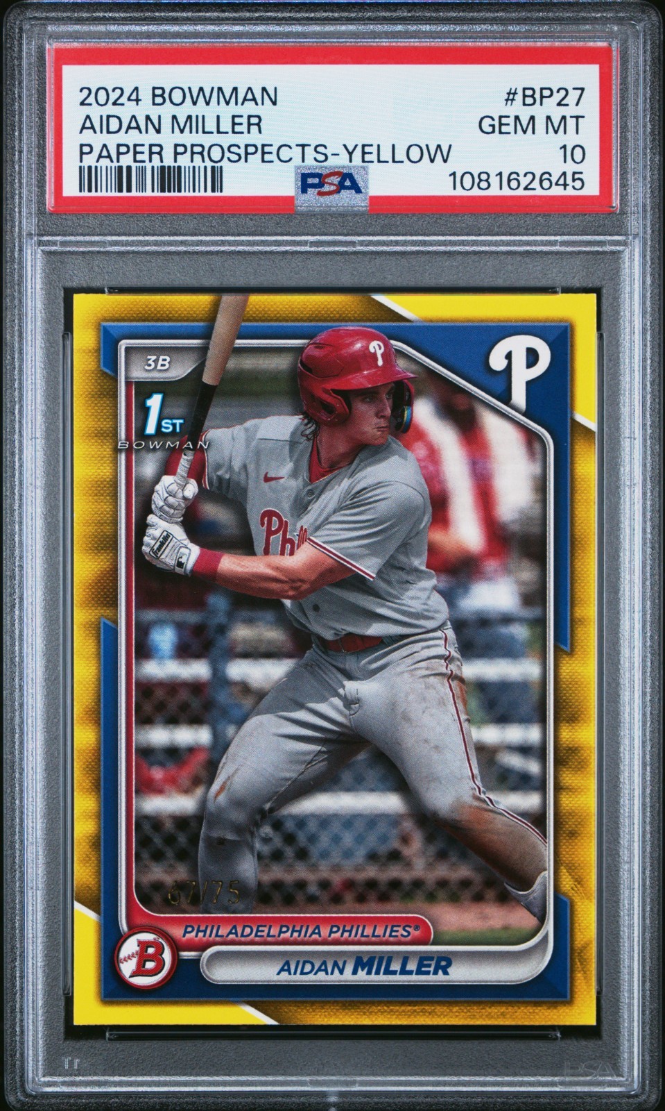 2024 Bowman - Prospects Aidan Miller #BP-27 Yellow Border /75 (RC) 1st PSA 10