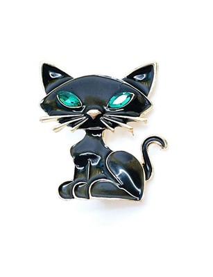 Brosche schwarz grünäugig sitzende Katze Geschenk für Katzenliebhaber Frauen Geburtstag