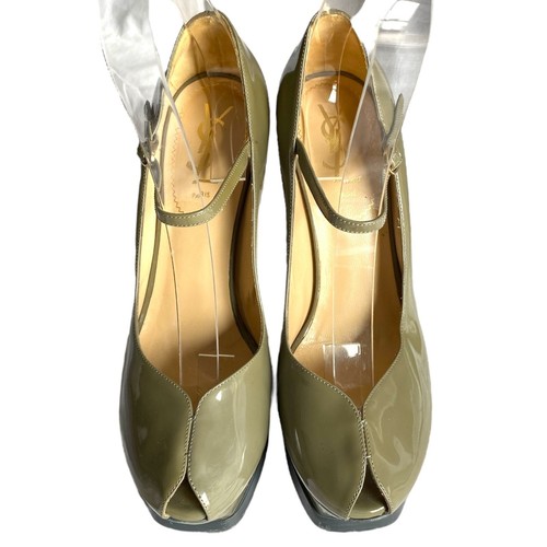YVES SAINT LAURENT Olive Green Patent Leather Tribute Mary Jane Pumps, Size 38.5 - Picture 6 of 15