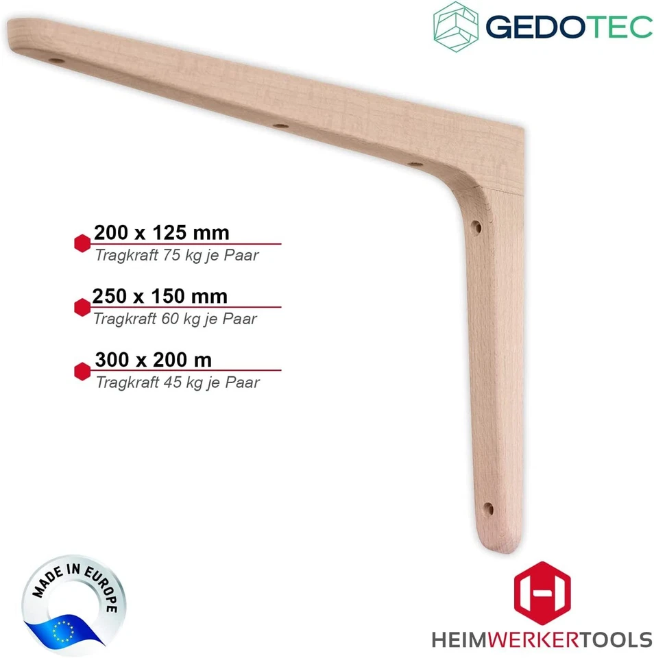 Gedotec Ángulo de Estantería Madera Ménsula Haya Consola Pared Holzwinkel Macizo - Imagen 2 de 4