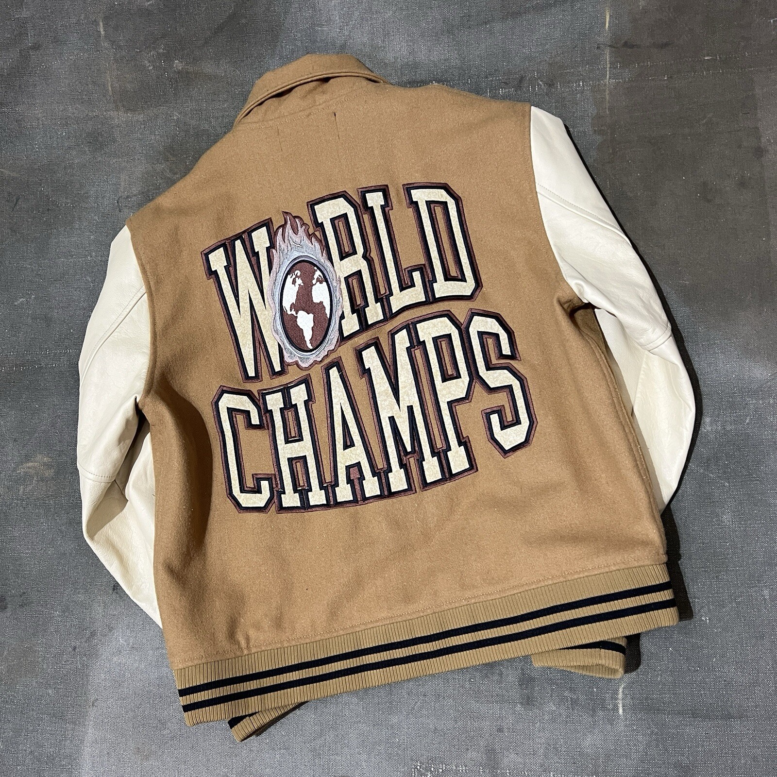 Homme Femme Letterman Varsity World Champs Patched $560 Streetwear Jacket Large