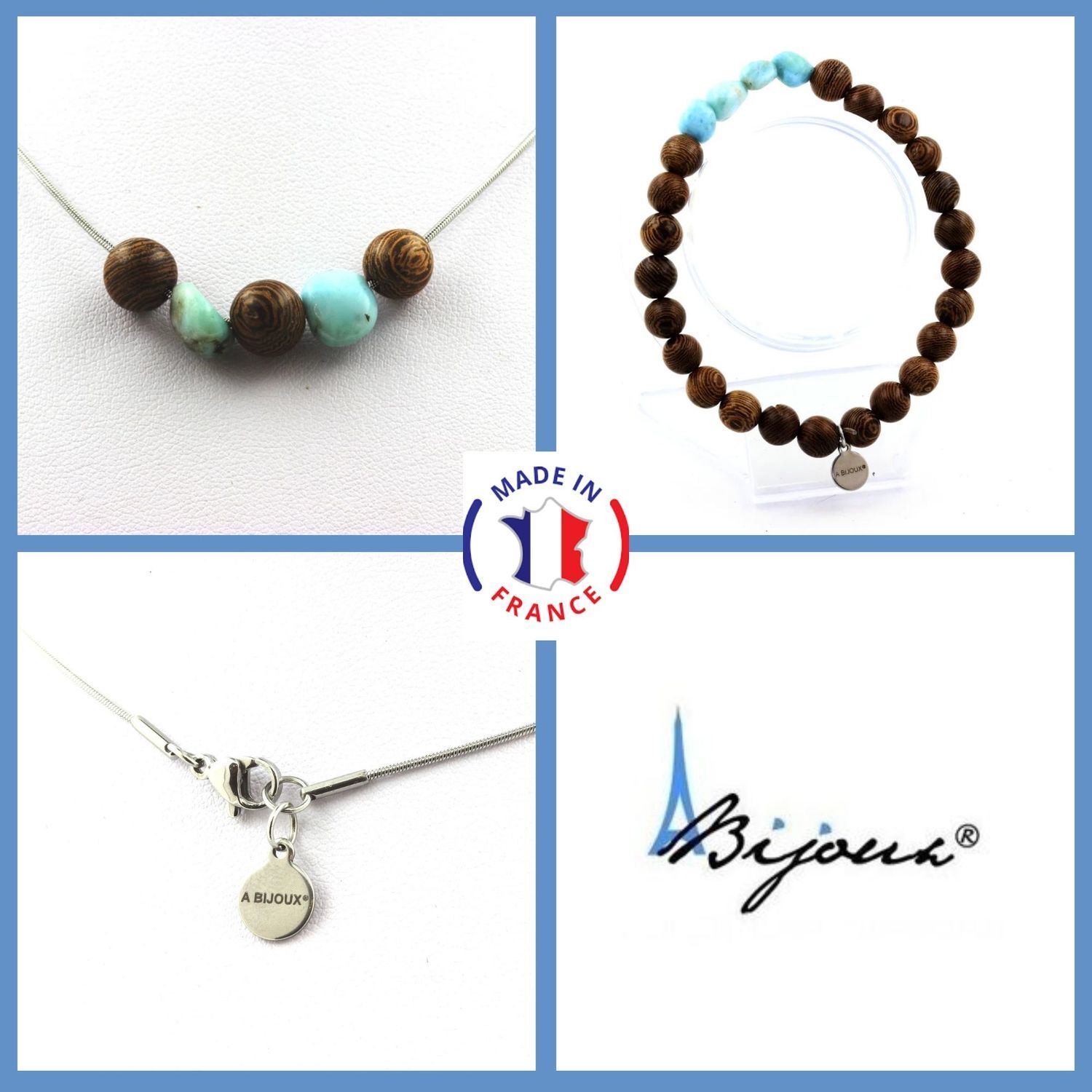 Parure bijoux larimar et collier bracelet perles bois coffret cadeau femme