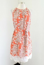 Ann Taylor Loft Orange Paisley Floral Print Lace Trim Tie Belt Shift Dress Sz 6