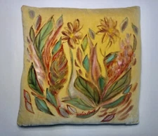 HAND PAINTED  BRIGHT COLORS FLOWERS  YELLOW MUSTARD TRANSITIONAL PILLOW COVER