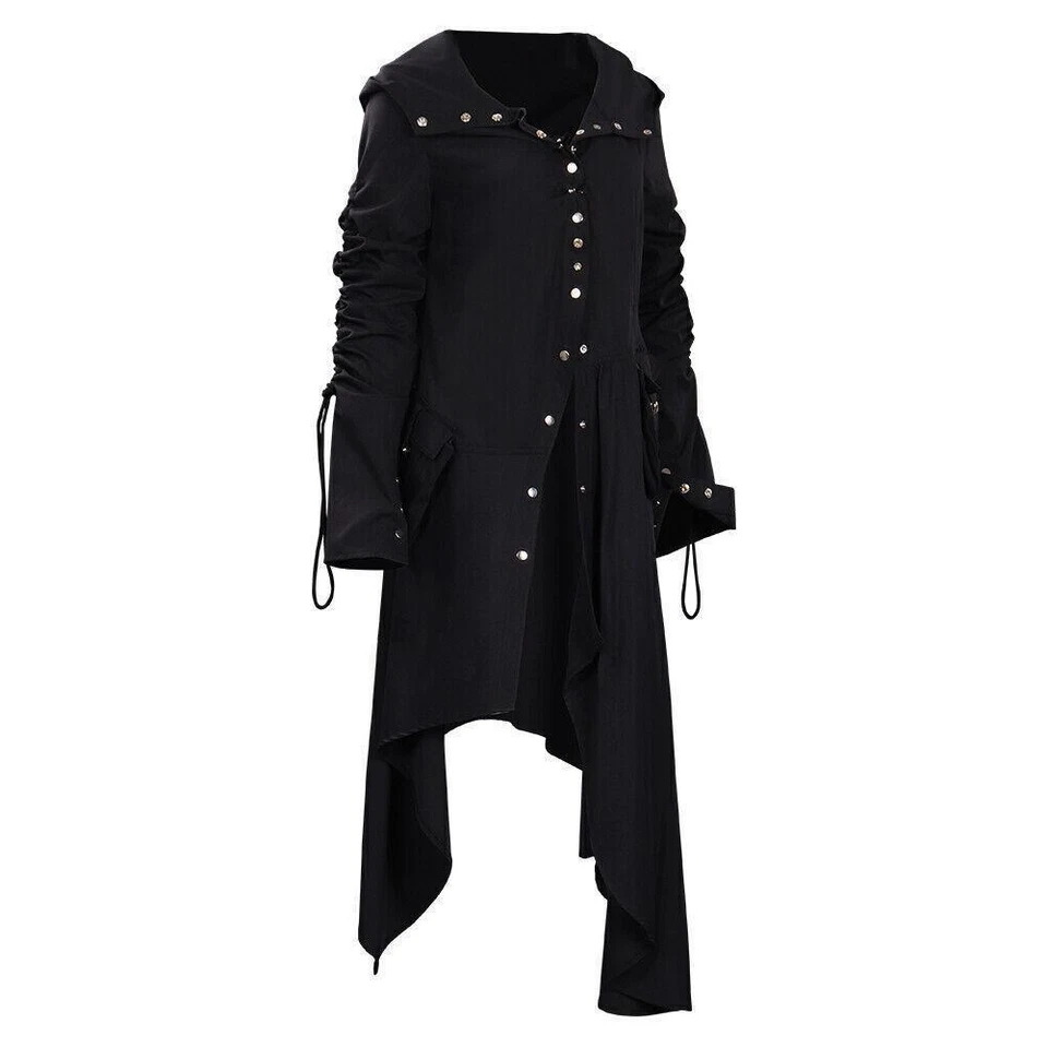 Black Hooded Long Jacket Cosplay Costume Coat Halloween Outfit Knight SUIT Coats - Image 2 of 4