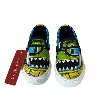 Bucketfeet Stomp & Chomp Low Top Canvas Slip on Shoes Monster Print Size 5