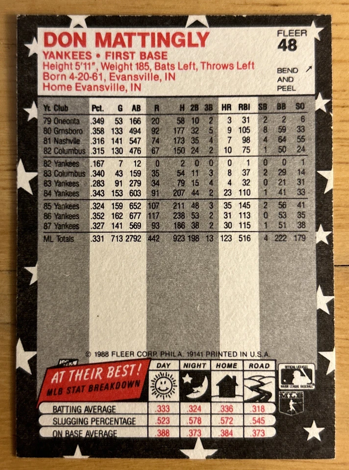 Бейсбольная карточка 1988 Fleer Star Stickers Don Mattingly No48 Yankees средний класс - Изображение 2 из 2