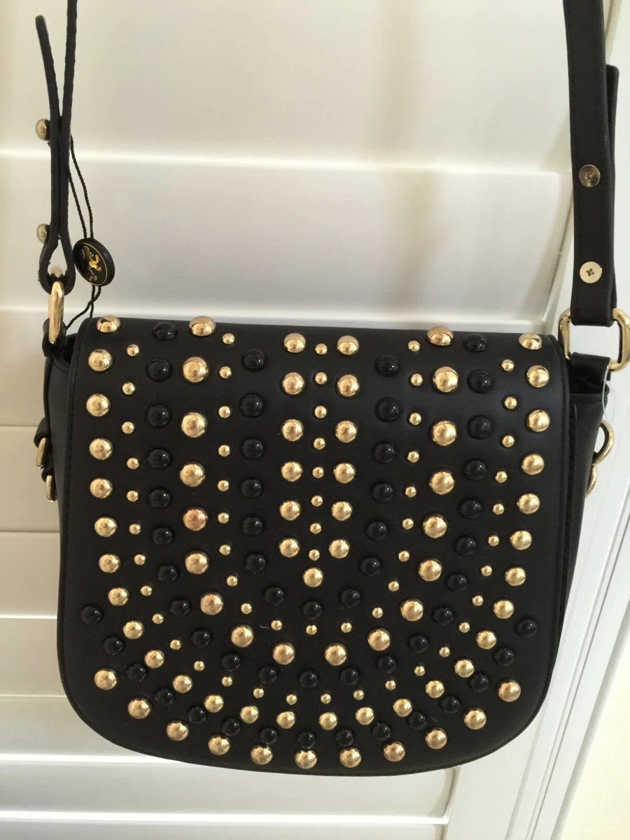 LIONEL Handbag Bag Purse Faux Leather BLACK Gold Stud Cross Body Flap  MediumNew