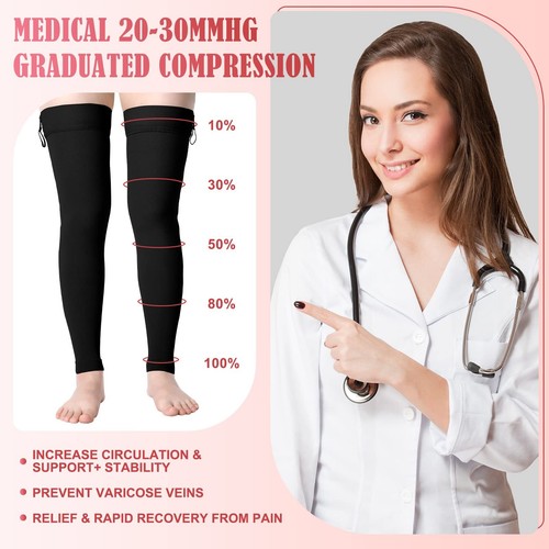 2 Pair Zipper Compression Socks Thigh High 20-30 mmHg Footless Stockings - Large - Picture 3 of 13