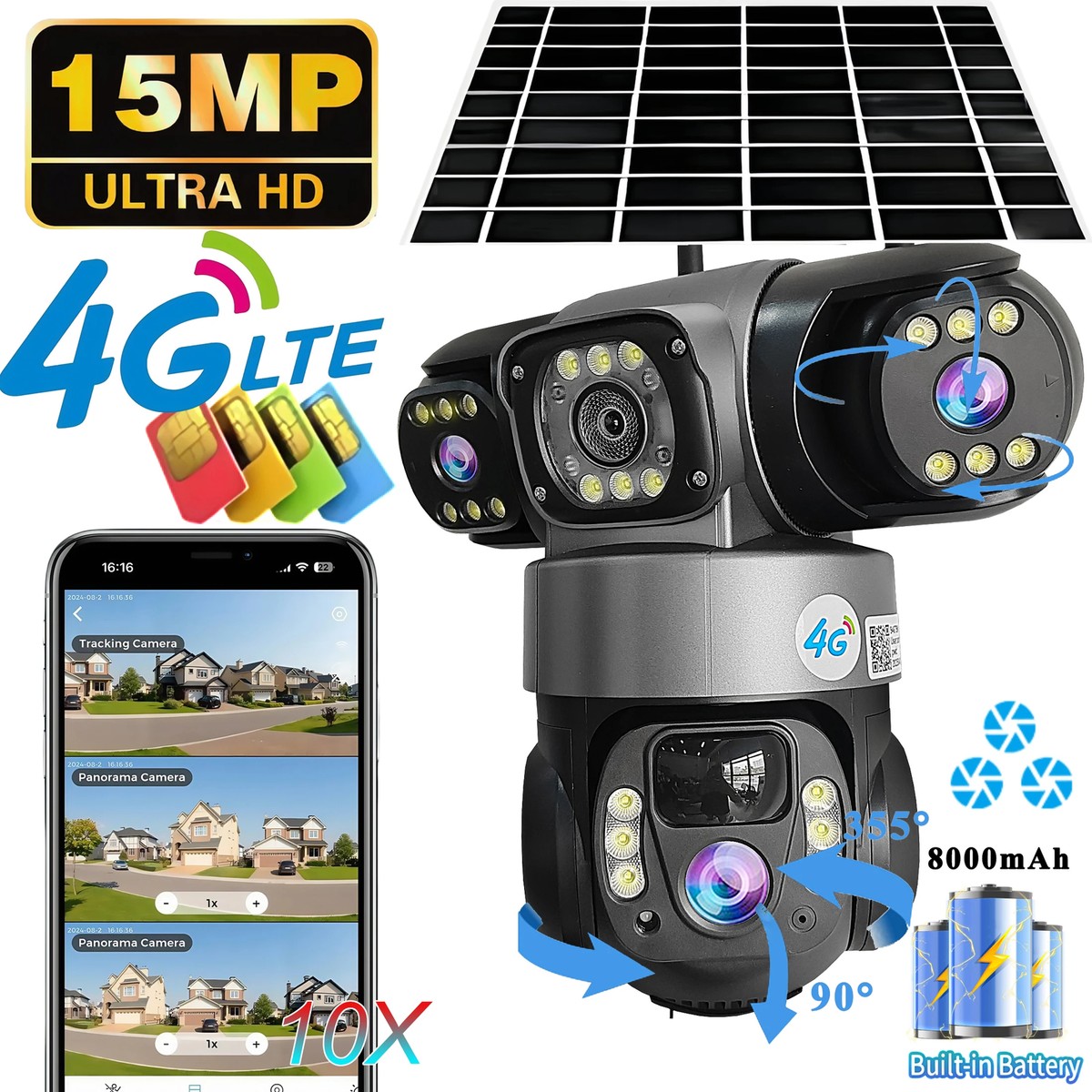 V380 Pro 3 Lens IP Solar Camera HD 15 MP CCTV Night Vision Two-Way