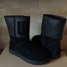 UGG Classic Short UGG Sparkle Graphic Logo Black Suede Fur Boots Size 6 Womens