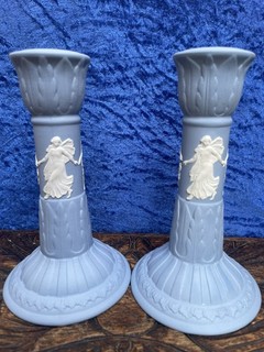 Vintage Pair of WEDGWOOD Jasperware Blue 'Dancing Hours' 6.25'' Candlesticks EXC