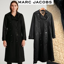 Marc Jacobs Lamb Leather Long Trench Coat Double Breasted Black Overcoat Sherpa