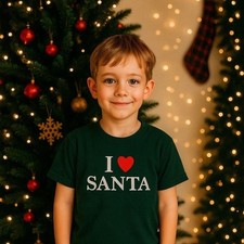 Kids I Love Santa Dark Green Crewneck Short Sleeve Christmas Holiday Shirt Small