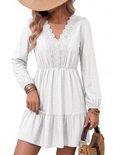 Fall Dresses for Women Lace Embroidered Mini Dress, White, Large