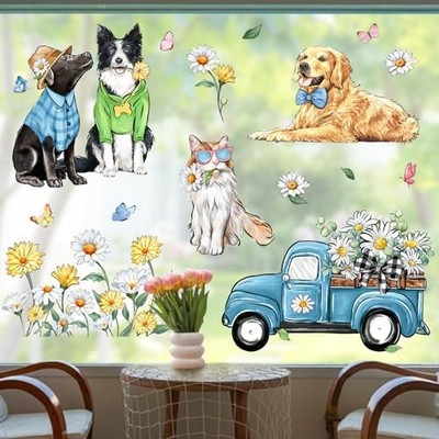 Hello Spring Dog Cat Window Clings 9 Sheets, Pet Golden Spring Cat Dog